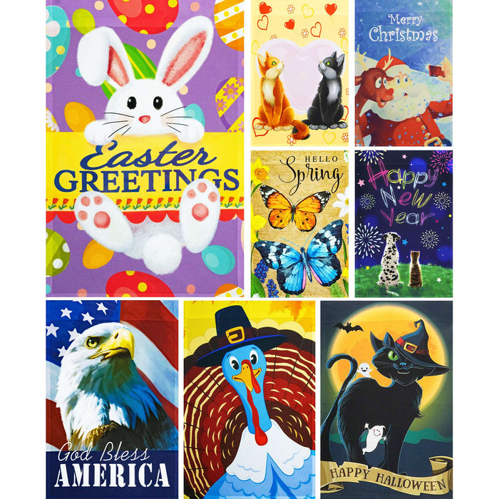 G128 set of 8 easter and holiday animals garden flags, 12x18 inch