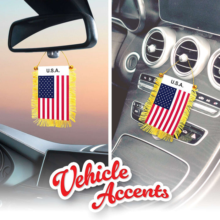 G128 2 Pack: USA American Fringy Flag | 3x5IN | Fringy Hanging Double Sided Flag with Suction Cup, Window and Car Rearview Mirror Decor