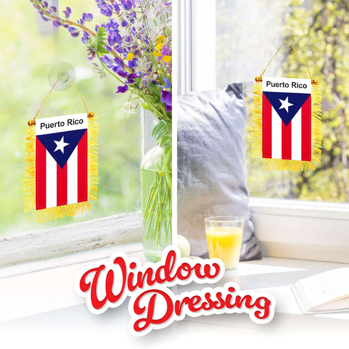 G128 2 Pack: Puerto Rico Fringy Flag | 3x5IN | Fringy Hanging Double Sided Flag with Suction Cup, Window and Car Rearview Mirror Decor