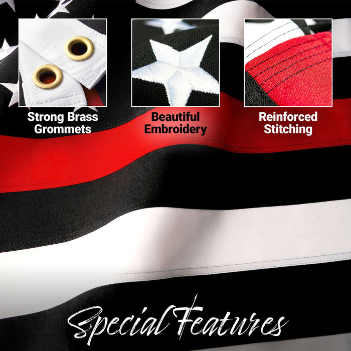 G128 - Thin Red Line Flag Embroidered 4x6 FT Heavy Duty 220GSM Tough Spun Polyester U.S. American Flag Brass Grommets Honoring Fire Fighters and EMTs Black White and Red US Flag