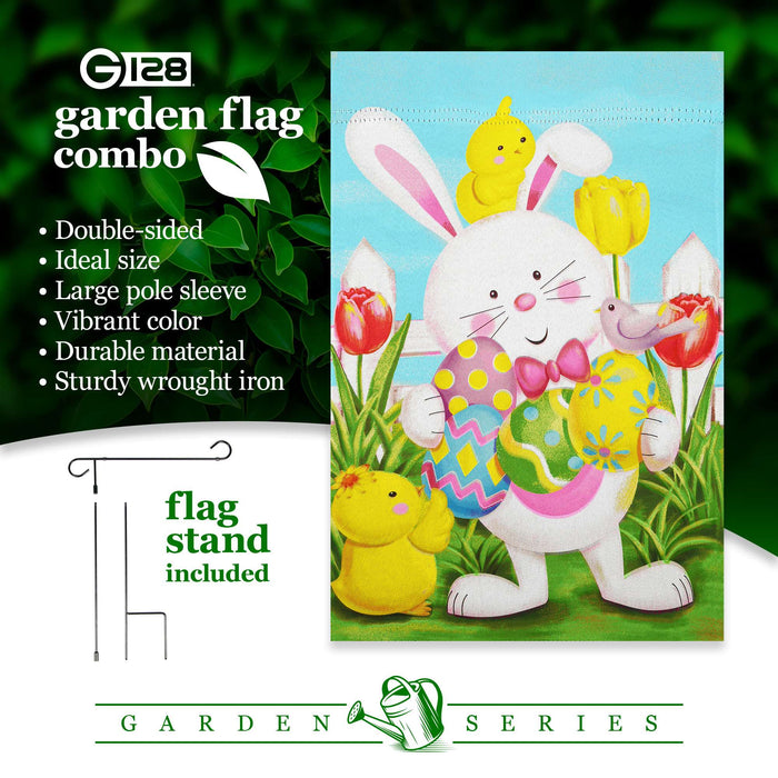 G128 Combo Pack: Garden Flag Stand 36x16IN & Garden Flag Happy Easter White Bunny with Easter Eggs Printed 12x18IN Double Sided