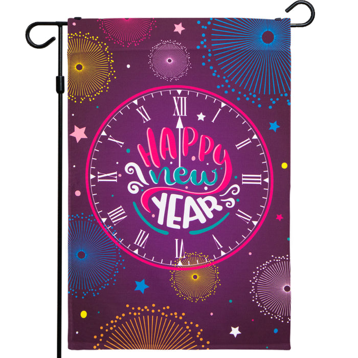 G128 - Happy New Year Garden Flag, New Year Themed Decorations - Clock Striking Midnight,  | 12x18 Inch | Printed 150D Polyester - Rustic Holiday Seasonal Outdoor Flag