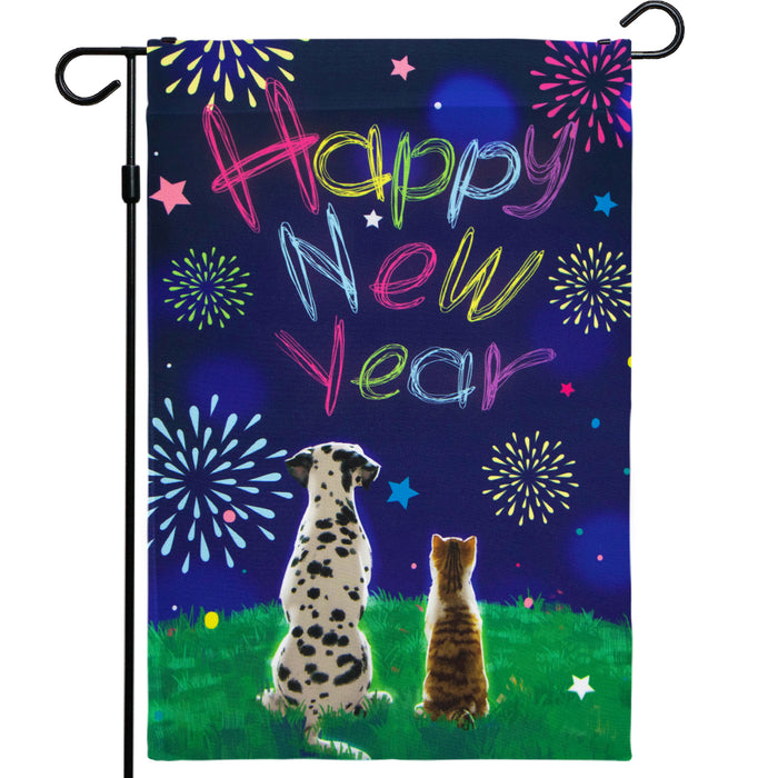 G128 - Happy New Year Garden Flag, New Year Themed Decorations - Dog and Cat Watching Fireworks,  | 12x18 Inch | Printed 150D Polyester - Rustic Holiday Seasonal Outdoor Flag