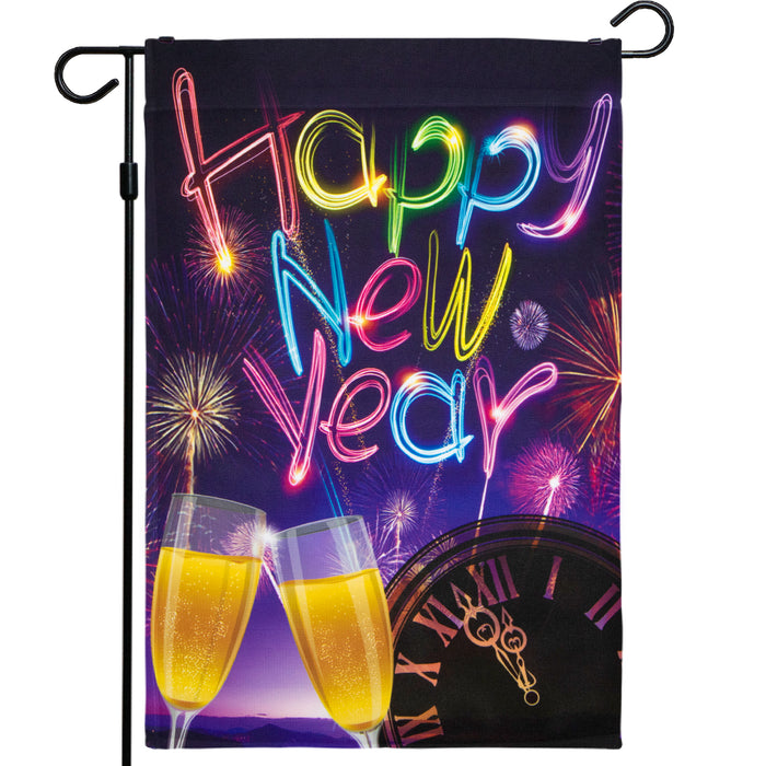 G128 - Happy New Year Garden Flag, New Year Themed Decorations - Fireworks and Champagne,  | 12x18 Inch | Printed 150D Polyester - Rustic Holiday Seasonal Outdoor Flag