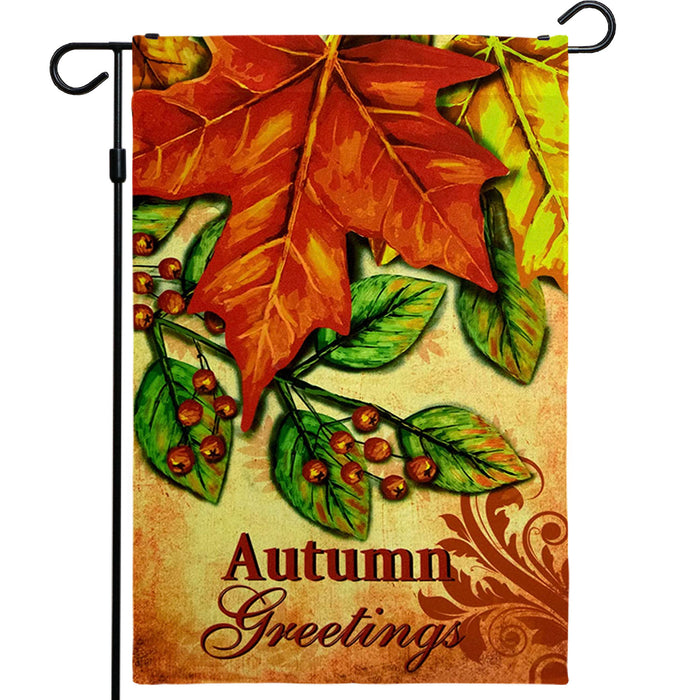 G128 - Home Decorative Fall Garden Flag Autumn Greetings Quote, Autumn Maple Leaf Garden Yard Decorations,  | 12x18 Inch | Printed 150D Polyester - Rustic Holiday Seasonal Outdoor Flag
