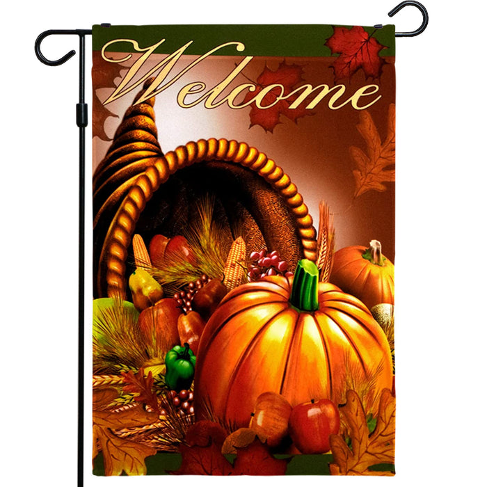 G128 - Home Decorative Fall Garden Flag Welcome Quote, Autumn Harvest Cornucopia Garden Yard Decorations,  | 12x18 Inch | Printed 150D Polyester - Rustic Holiday Seasonal Outdoor Flag