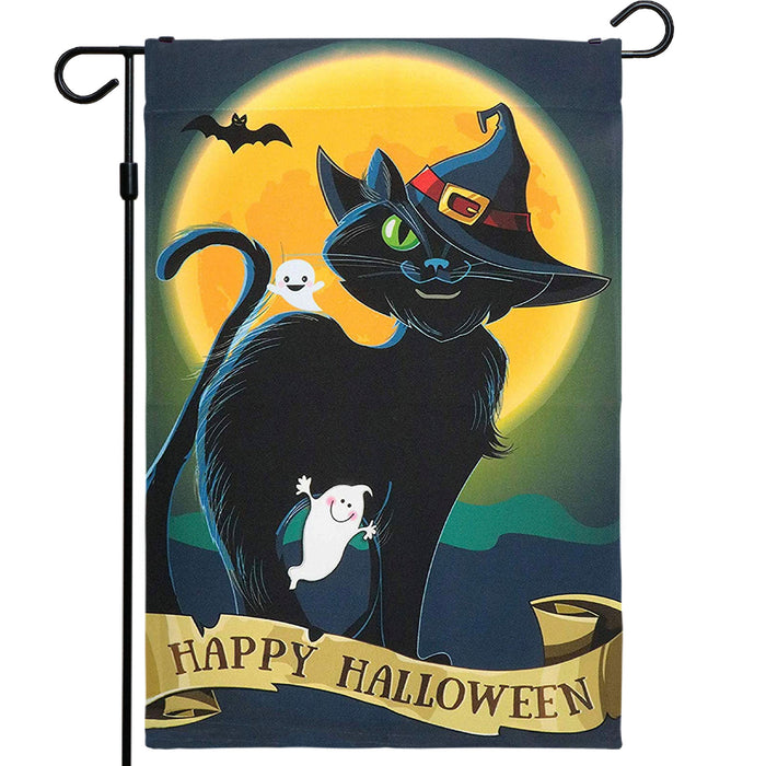 G128 - Halloween Garden Flag, Happy Halloween Quote with Black Cat Garden Yard Decorations,  | 12x18 Inch | Printed 150D Polyester - Rustic Holiday Seasonal Outdoor Flag