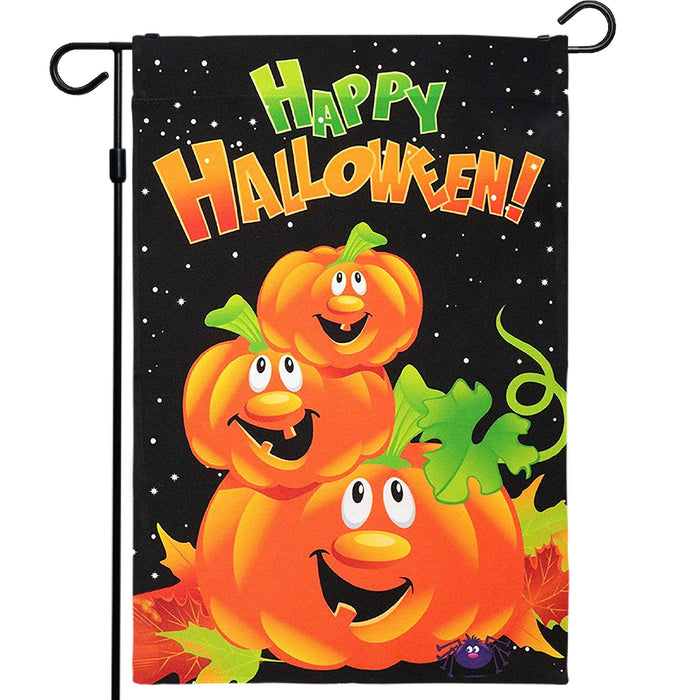G128 - Halloween Garden Flag, Happy Halloween Quote with Pumpkins Garden Yard Decorations,  | 12x18 Inch | Printed 150D Polyester - Rustic Holiday Seasonal Outdoor Flag