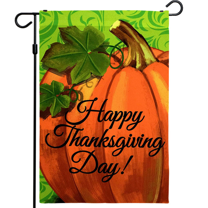 G128 - Home Decorative Thanksgiving Garden Flag, Happy Thanksgiving Day Quote with Pumpkin Decorations,  | 12x18 Inch | Printed 150D Polyester - Rustic Holiday Seasonal Outdoor Flag