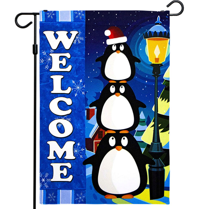 G128 - Christmas Garden Flag, Christmas and Winter Themed Decorations - Welcome Three Cute Penguins,  | 12x18 Inch | Printed 150D Polyester - Rustic Holiday Seasonal Outdoor Flag