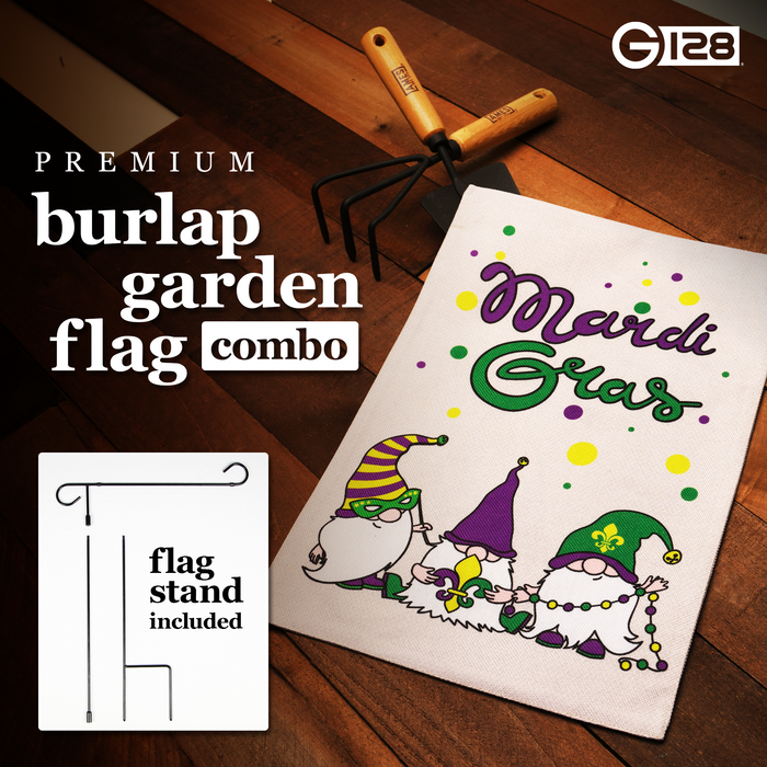 G128 Combo Pack: Garden Flag Stand Black 36 in x 16 in & Garden Flag Mardi Gras Decoration Three Gnomes 12"x18" Double-Sided Burlap Fabric