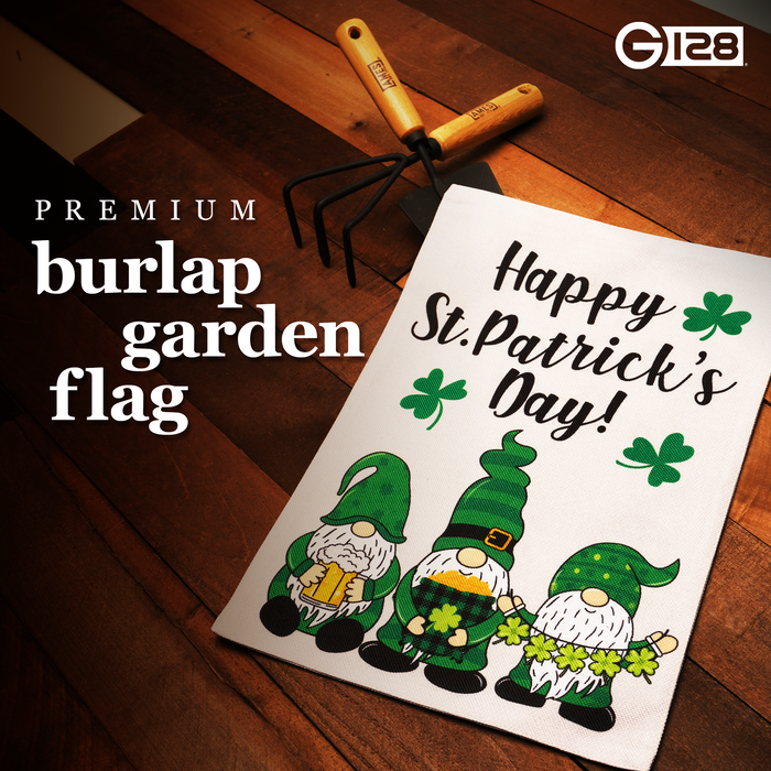 G128 Garden Flag Happy St. Patrick's Day Three Leprechaun Gnomes 12"x18" Burlap Fabric