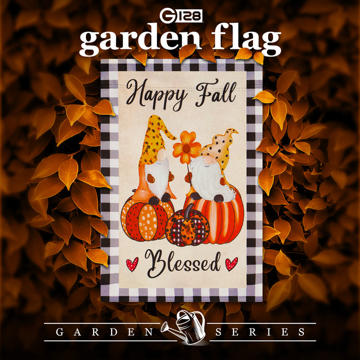 G128 Garden Flag Happy Fall Blessed Two Gnomes Sitting on Pumpkins 12"x18" Blockout Fabric