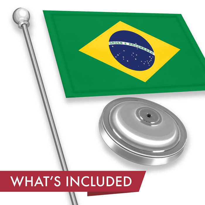 G128 Brazil Brazilian Deluxe Desk Flag Set | 8.5x5.5 In | Printed 300D Polyester, with Silver Dome and Base, 15" Metal Pole, Decorations For Office, Home and Festival Events Celebration