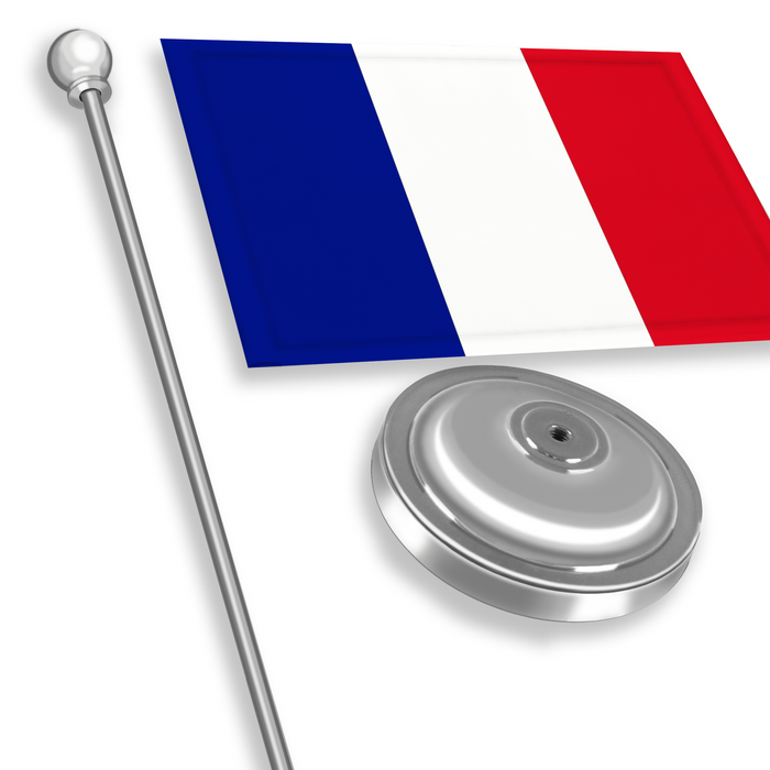 G128 France French Deluxe Desk Flag Set | 8.5x5.5 In | Printed 300D Polyester, with Silver Dome and Base, 15" Metal Pole, Decorations For Office, Home and Festival Events Celebration