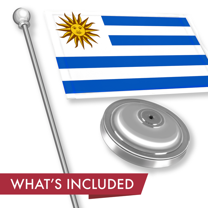 G128 Uruguay 	Uruguayan Deluxe Desk Flag Set | 8.5x5.5 In | Printed 300D Polyester, with Silver Dome and Base, 15" Metal Pole, Decorations For Office, Home and Festival Events Celebration