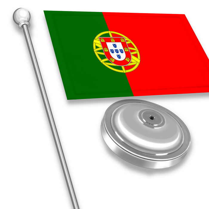 G128 Portugal Portuguese Deluxe Desk Flag Set | 8.5x5.5 In | Printed 300D Polyester, with Silver Dome and Base, 15" Metal Pole, Decorations For Office, Home and Festival Events Celebration