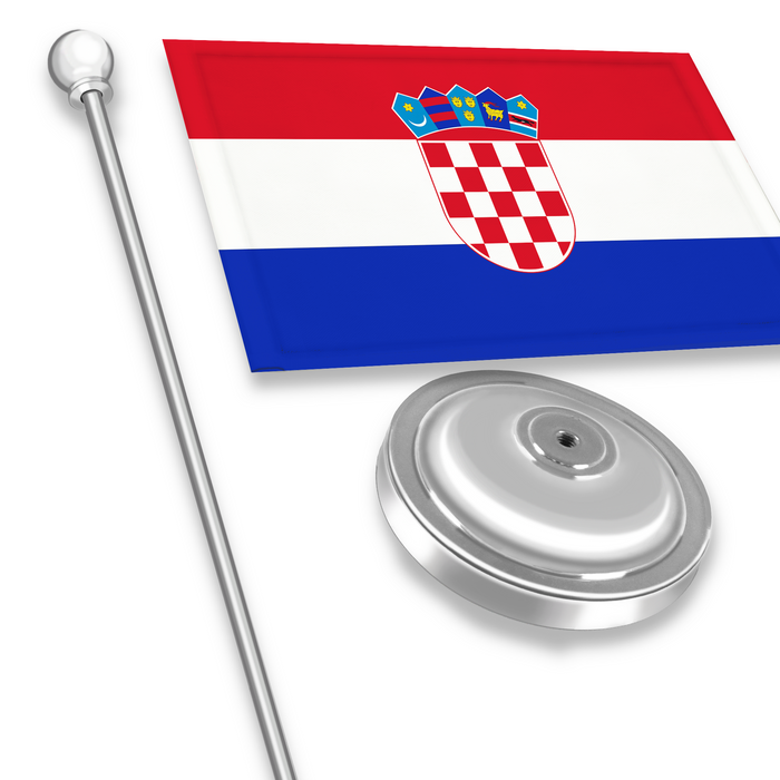G128 Croatia Croatian Deluxe Desk Flag Set | 8.5x5.5 In | Printed 300D Polyester, with Silver Dome and Base, 15" Metal Pole, Decorations For Office, Home and Festival Events Celebration