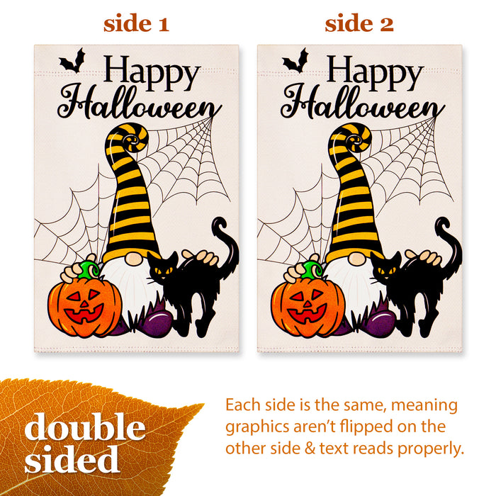 G128 Garden Flag Happy Halloween Gnome with Pumpkin and Black Cat 12"x18" Blockout Fabric