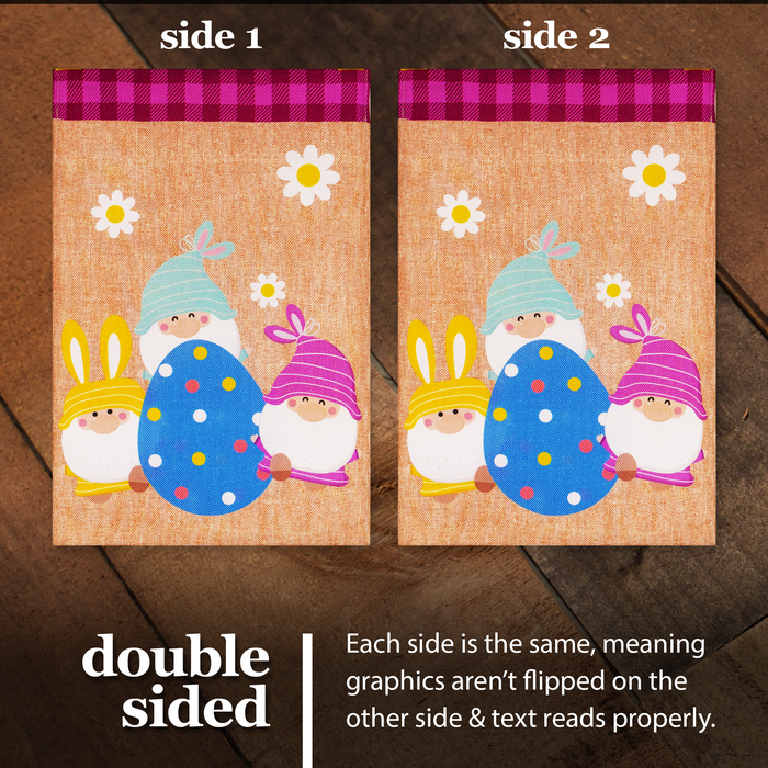 G128 Garden Flag Three Gnomes with Large Easter Egg 12"x18" Burlap Fabric