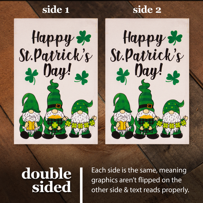 G128 Garden Flag Happy St. Patrick's Day Three Leprechaun Gnomes 12"x18" Burlap Fabric