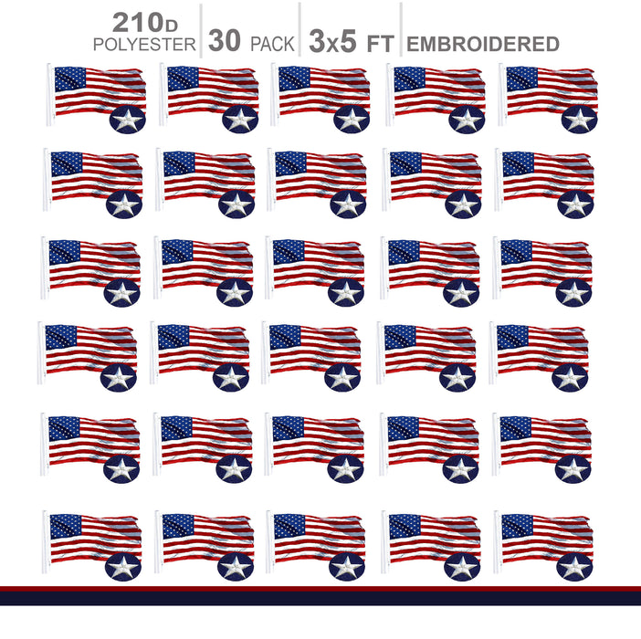 MULTI PACK: American Flag 210D Embroidered Polyester 3x5 Ft  - 30 PACK
