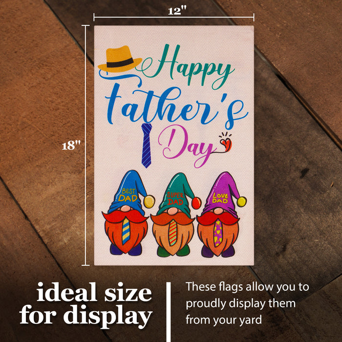 G128 Garden Flag Happy Father's Day Three Gnome Fathers 12"x18" Burlap Fabric