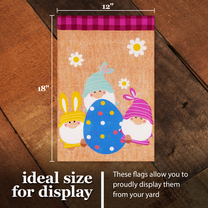 G128 Combo Pack: Garden Flag Stand Black 36 in x 16 in & Garden Flag Easter Decoration Three Gnomes with Large Easter Egg 12"x18" Double-Sided Burlap Fabric