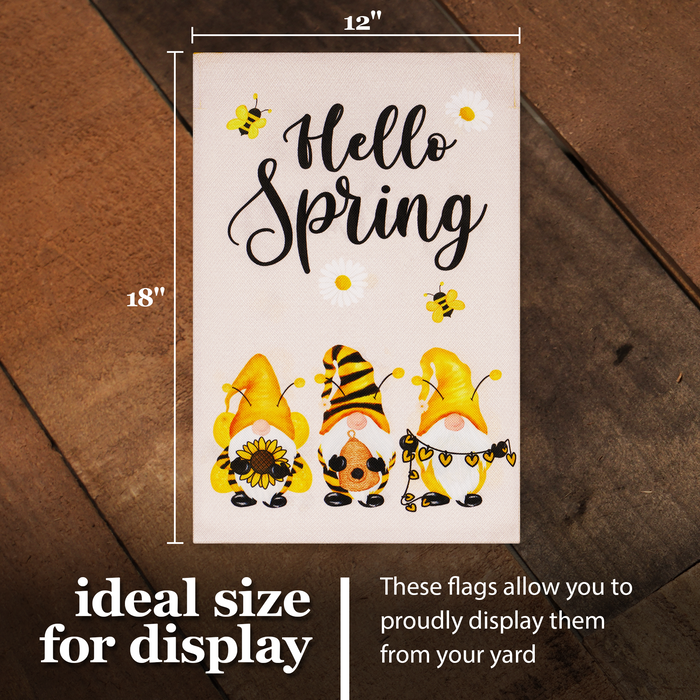 G128 Garden Flag Hello Spring Three Bee Gnomes 12"x18" Burlap Fabric