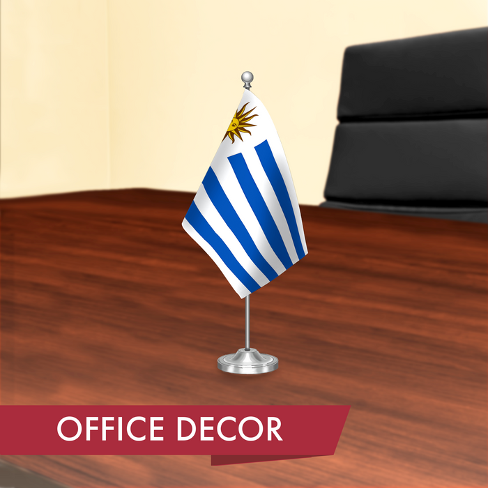 G128 Uruguay 	Uruguayan Deluxe Desk Flag Set | 8.5x5.5 In | Printed 300D Polyester, with Silver Dome and Base, 15" Metal Pole, Decorations For Office, Home and Festival Events Celebration