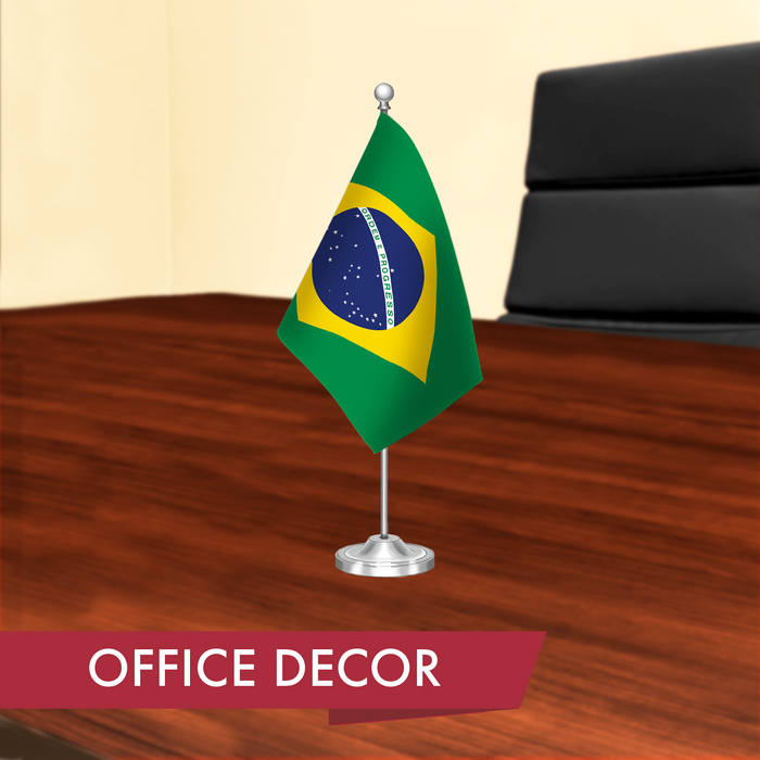 G128 Brazil Brazilian Deluxe Desk Flag Set | 8.5x5.5 In | Printed 300D Polyester, with Silver Dome and Base, 15" Metal Pole, Decorations For Office, Home and Festival Events Celebration