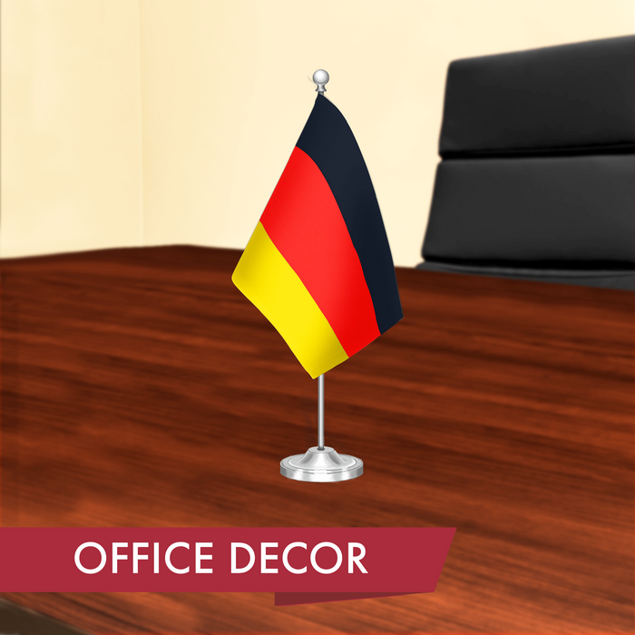 G128 Germany German Deluxe Desk Flag Set | 8.5x5.5 In | Printed 300D Polyester, with Silver Dome and Base, 15" Metal Pole, Decorations For Office, Home and Festival Events Celebration