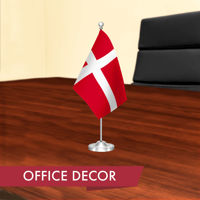 G128 Denmark Danish Deluxe Desk Flag Set | 8.5x5.5 In | Printed 300D Polyester, with Silver Dome and Base, 15" Metal Pole, Decorations For Office, Home and Festival Events Celebration