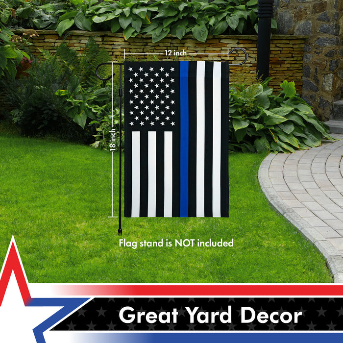 G128 Thin Blue Line Police American Flag Garden Flag | 12x18 Inch | Printed 150D Polyester - Honoring Men Women Law Enforcement Black White Blue Outdoor Flag