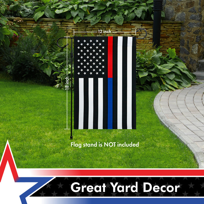 G128 Thin Blue Line Police & Thin Red Line Firefighter American Flag Garden Flag | 12x18 Inch | Printed 150D Polyester - Honoring Law Enforcement Officers First Responder Outdoor Flag