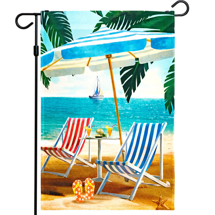 G128 - Beach Summer with Chairs & Umbrella Garden Flag | 12x18 Inch | Printed 150D Polyester - Rustic Holiday Seasonal Outdoor Flag