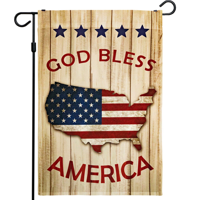 G128 - God Bless America Patriotic USA Flag Map Garden Flag,  | 12x18 Inch | Printed 150D Polyester - Rustic Holiday Seasonal Outdoor Flag
