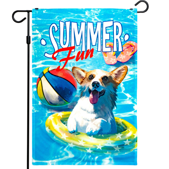 G128 Summer Fun with Dog in Pool Garden Flag | 12x18 Inch | Printed 150D Polyester - Summer Decoration, Rustic Holiday Seasonal Outdoor Flag