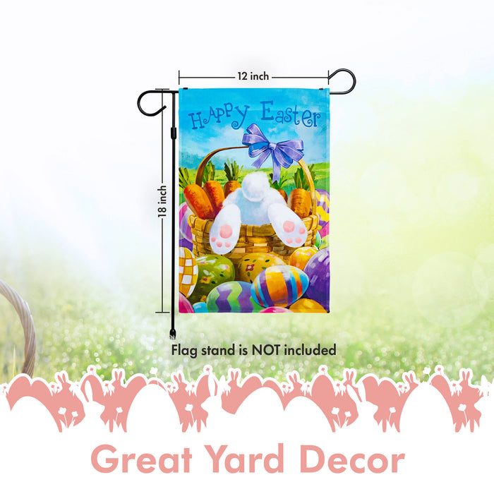G128 - Happy Easter Carrots Colorful Eggs with Bunny in Basket Garden Flag | 12x18 Inch | Printed 150D Polyester - Rustic Holiday Seasonal Outdoor Flag