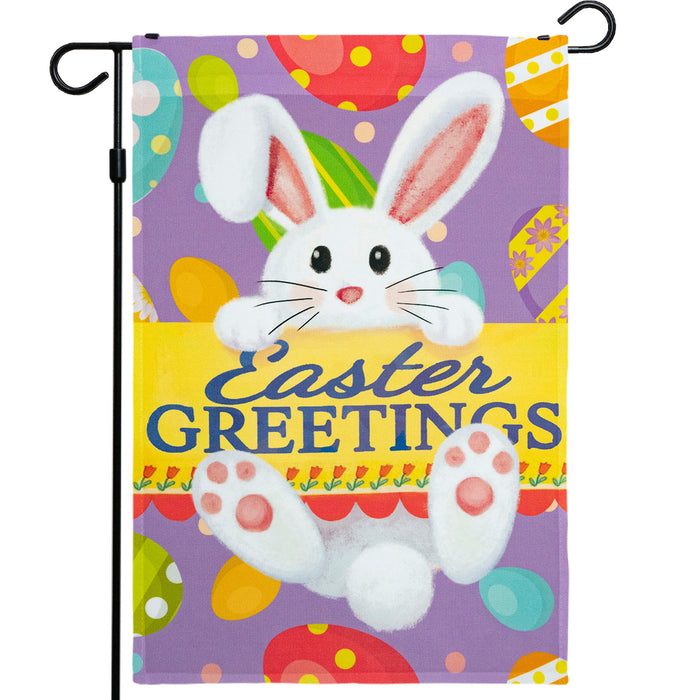 G128 - Easter Greetings with White Bunny & Eggs Garden Flag | 12x18 Inch | Printed 150D Polyester - Rustic Holiday Seasonal Outdoor Flag