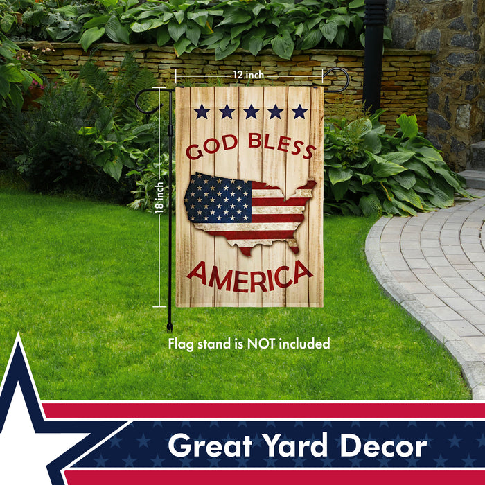 G128 - God Bless America Patriotic USA Flag Map Garden Flag,  | 12x18 Inch | Printed 150D Polyester - Rustic Holiday Seasonal Outdoor Flag