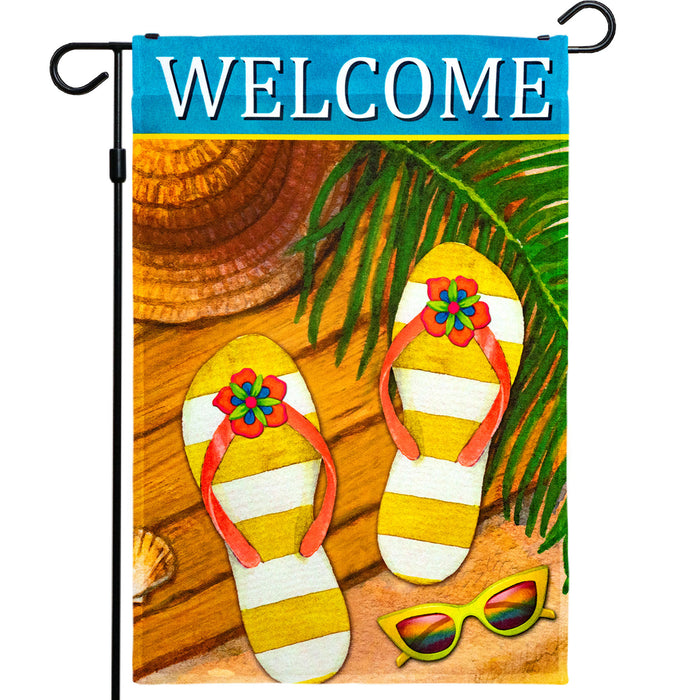 G128 Welcome Summer Sandals & Sunglasses Garden Flag | 12x18 Inch | 150D Polyester - Rustic Holiday Seasonal Outdoor Flag