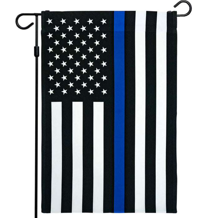 G128 Thin Blue Line Police American Flag Garden Flag | 12x18 Inch | Printed 150D Polyester - Honoring Men Women Law Enforcement Black White Blue Outdoor Flag