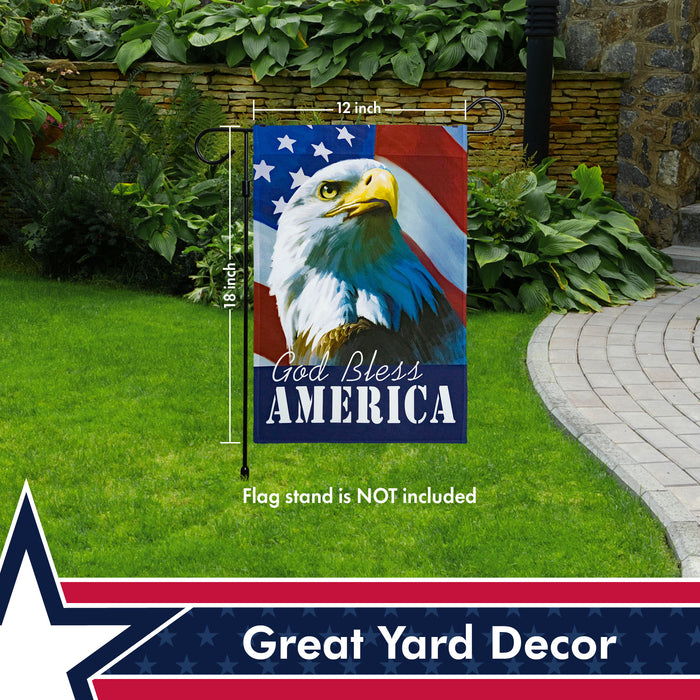 G128 - American Flag with Eagle God Bless America Patriotic Garden Flag,  | 12x18 Inch | Printed 150D Polyester - Rustic Holiday Seasonal Outdoor Flag
