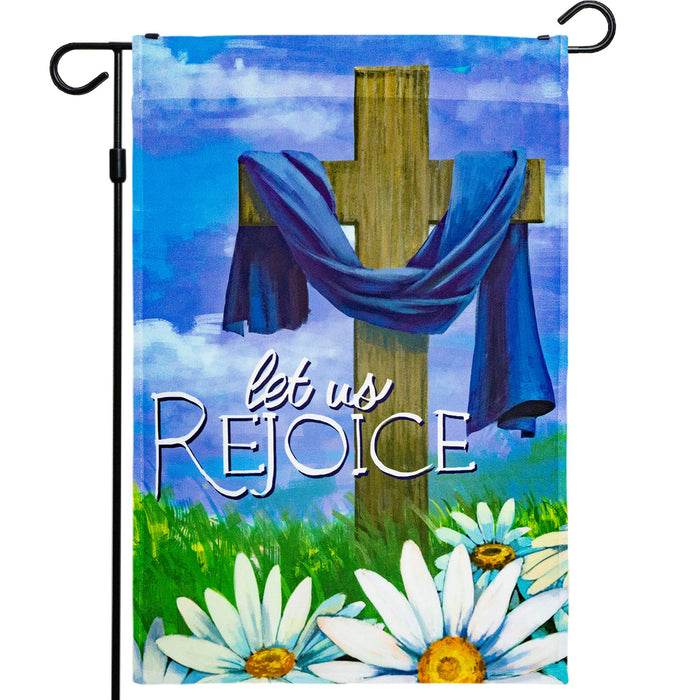 G128 - Let Us Rejoice Easter Christian Religious Cross Garden Flag | 12x18 Inch | Printed 150D Polyester - Rustic Holiday Seasonal Outdoor Flag
