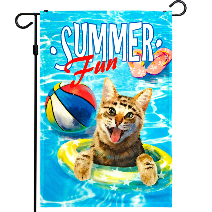 G128 Summer Fun with Cat in Pool Garden Flag | 12x18 Inch | Printed 150D Polyester - Summer Decoration, Rustic Holiday Seasonal Outdoor Flag