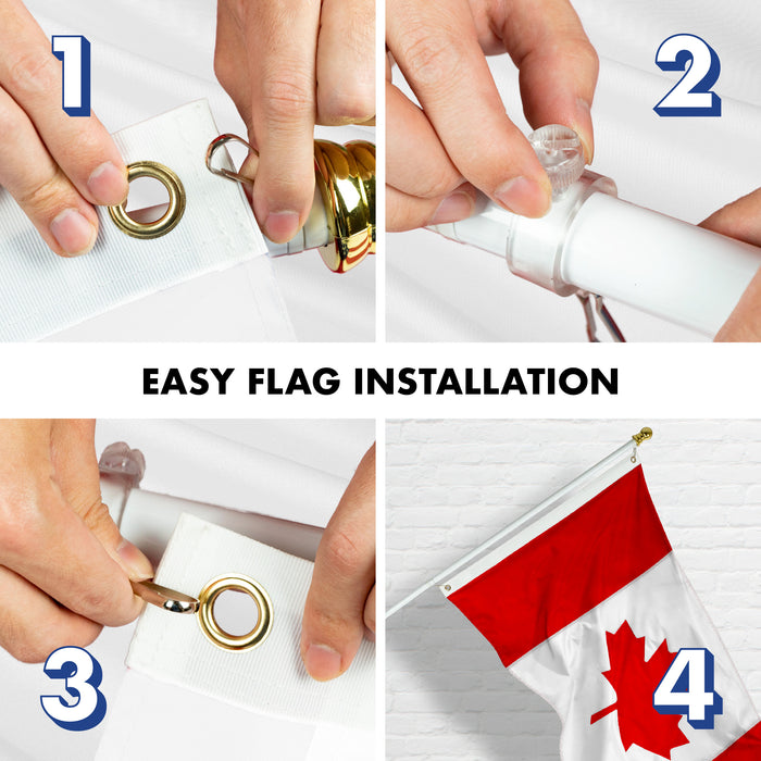 G128 Combo Pack: 5 Ft Tangle Free Aluminum Spinning Flagpole (White) & Canada Canadian Flag 2.5x4 Ft, Double ToughWeave Series Double Sided Embroidered 210D Polyester | Pole with Flag Included