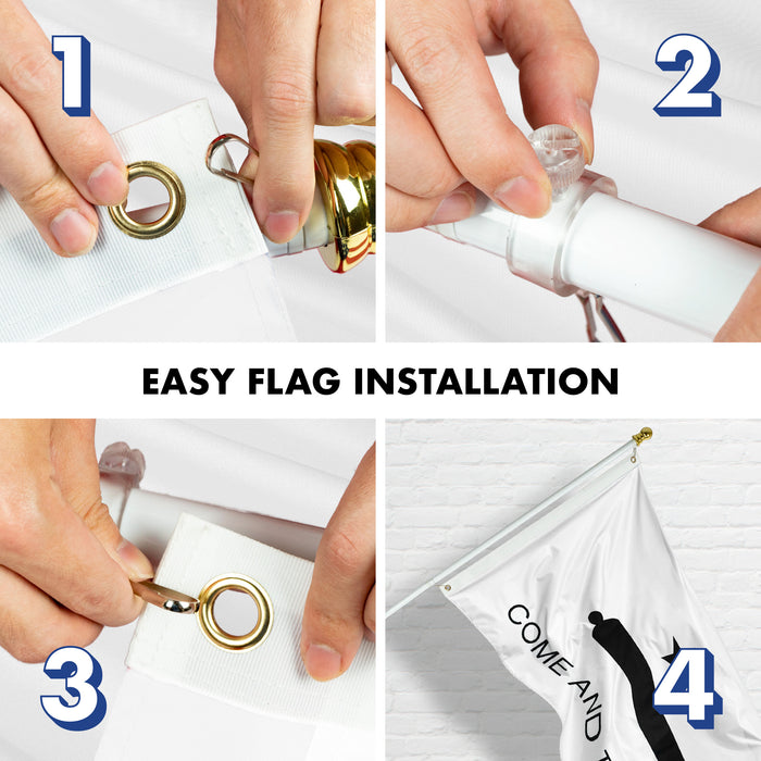 G128 Combo Pack: Flag Pole 5 FT White Tangle Free & Come and Take It Flag 2x3 FT Double Sided Embroidered 210D Heavy Duty Polyester - Indoor/Outdoor, Vibrant Colors, Brass Grommets, 3-ply