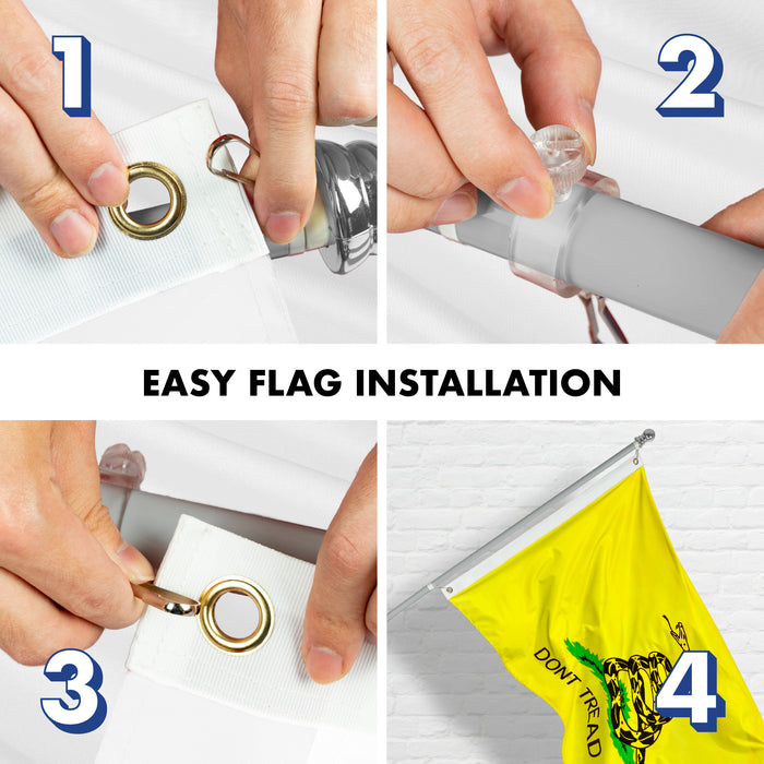 G128 - 5 Feet Tangle Free Spinning Flagpole (Silver) Gadsden Flag Double Sided Brass Grommets Embroidered 2x3 ft (Flag Included) Aluminum Flag Pole