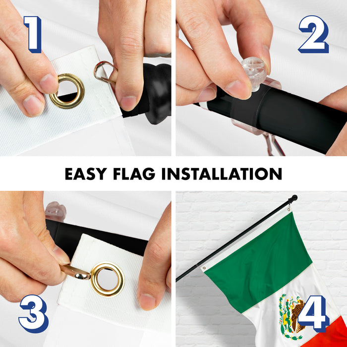 G128 - 5 Feet Tangle Free Spinning Flagpole (Black) Mexico Flag Double Sided Brass Grommets Embroidered 2x3 ft (Flag Included) Aluminum Flag Pole